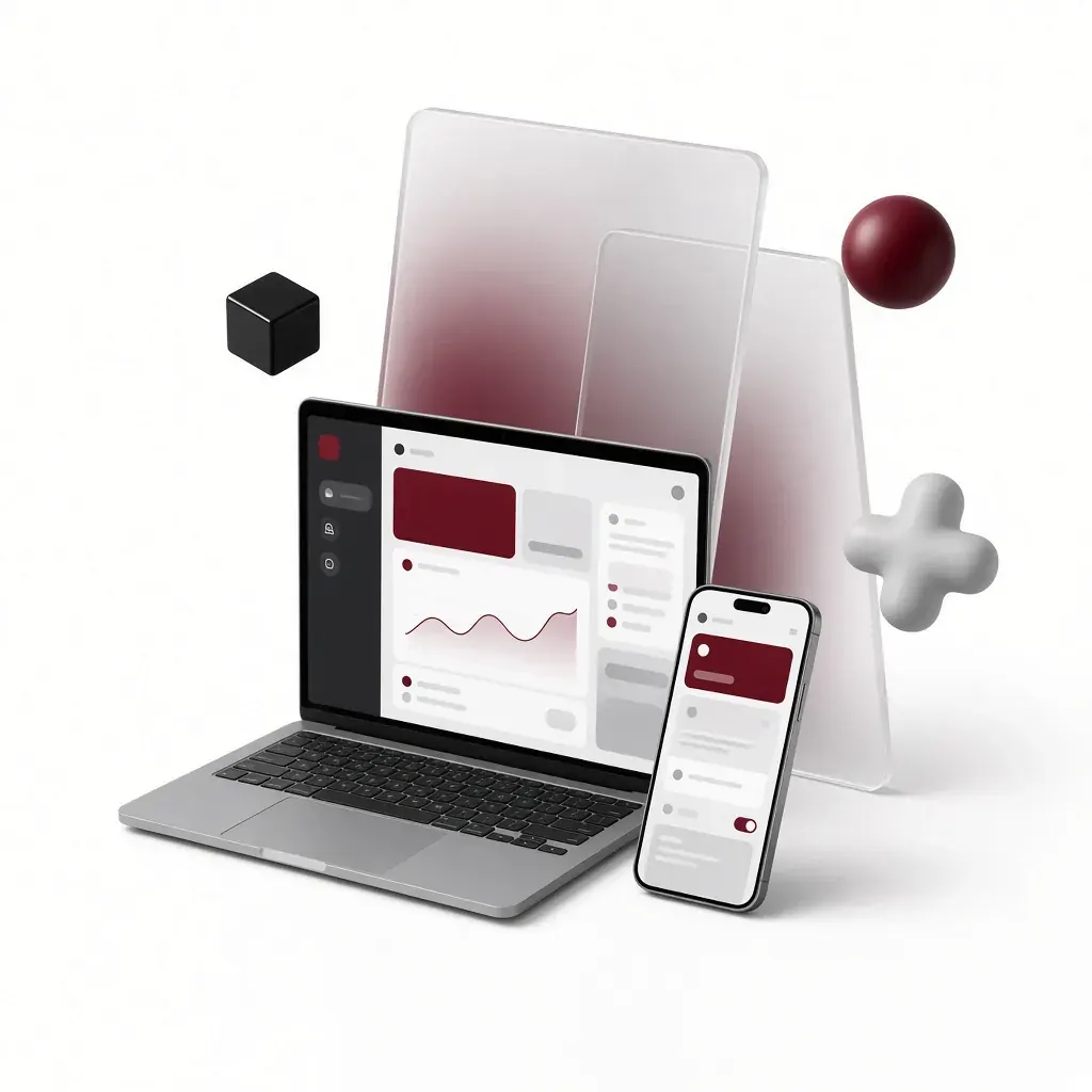 A laptop and a phone showing a product dashboard and a mobile app, in front of layered frosted-glass panels