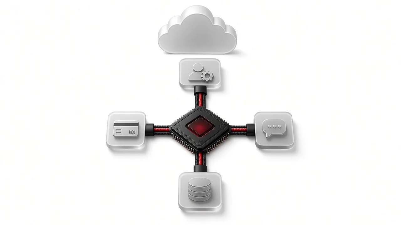 Cover for “API Integrations That Actually Stick”: 3D illustration of a central hub connecting CRM, database, payment and chat tiles on a white background