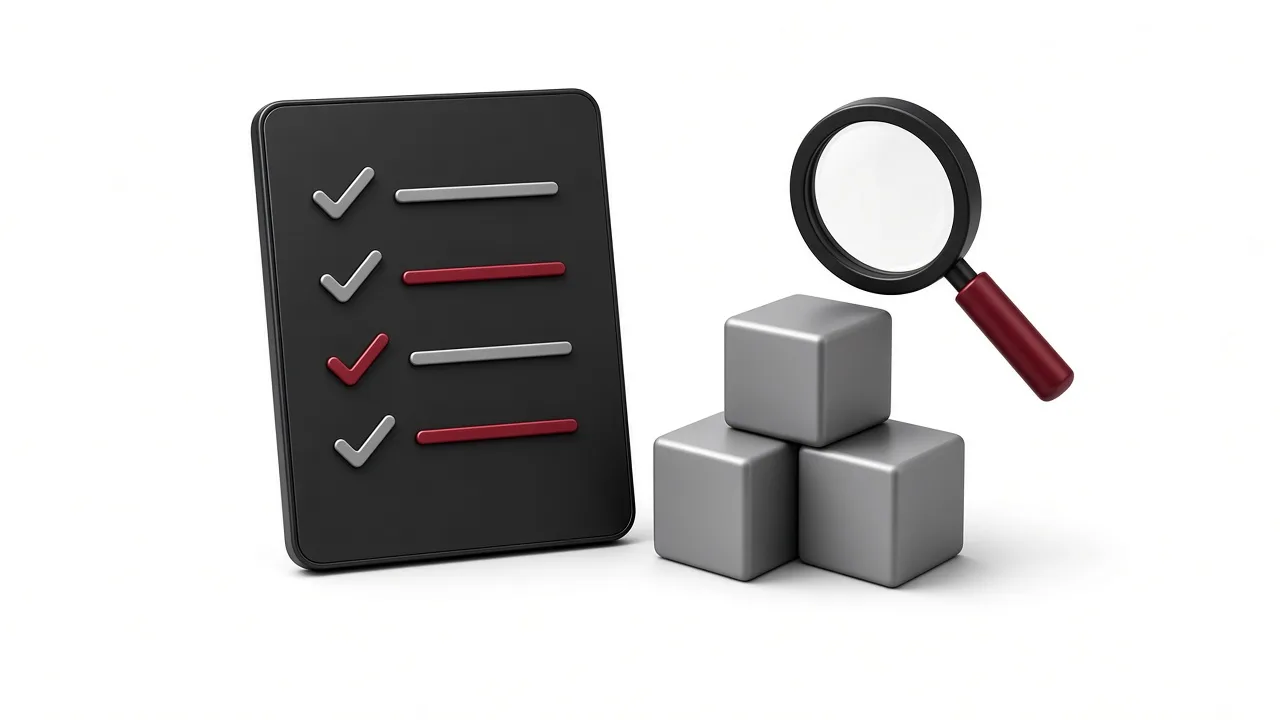 Cover for “How to Choose a Software Development Company”: 3D illustration of a checklist tablet and magnifying glass over building-block cubes on a white background