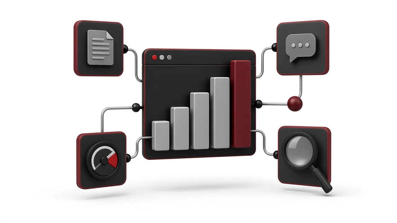 Cover for “Core Web Vitals for Business Websites: What Actually Matters”: 3D illustration of a speed gauge, performance bars and a browser frame on a white background