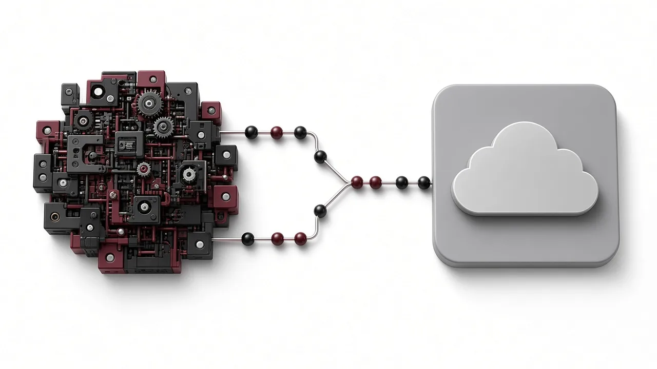 Cover for “Custom Software vs Off-the-Shelf Tools: How to Decide”: 3D illustration of a custom machine module facing a cloud subscription tile on a white background