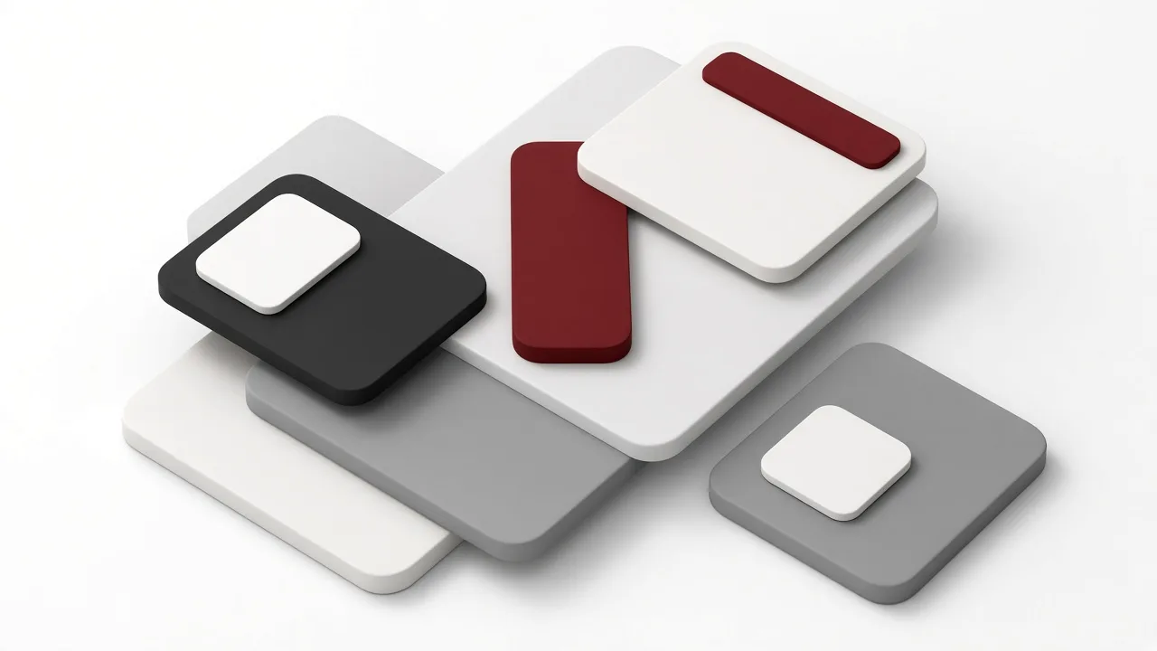 Cover for “Design Systems Before You Scale Screens”: 3D illustration of layered modular geometric slabs in white, grey, black and maroon on a white background
