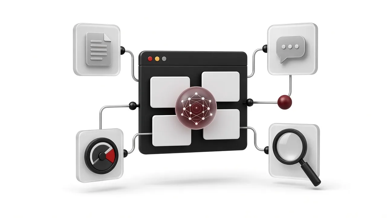 Cover for “Generative Engine Optimization for Marketing Websites”: 3D illustration of a browser frame with abstract answer cards and an AI node on a white background