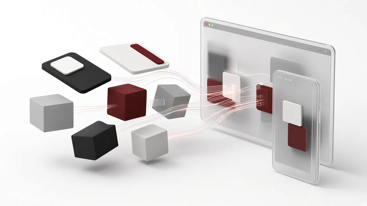 Cover for “When Do You Need a Headless CMS?”: 3D illustration of content cubes connected to browser and phone frames on a white background