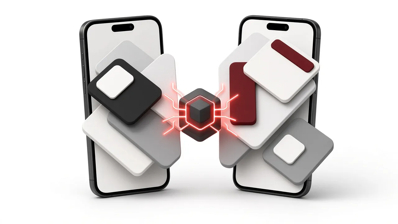 Cover for “React Native vs Native Apps for Business Products”: 3D illustration of two smartphones linked by a shared code node on a white background