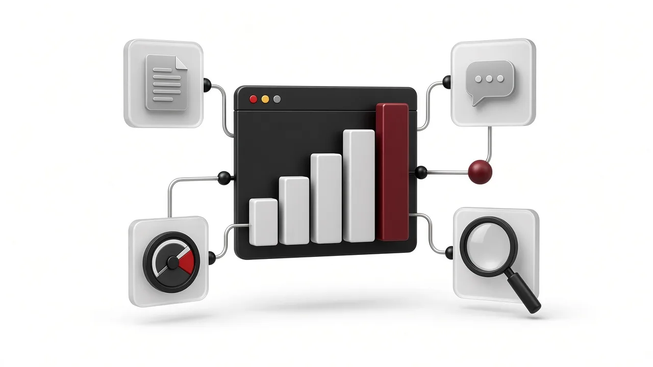 Cover for “What to Fix First in Technical SEO After a Website Launch”: 3D illustration of a browser window with a rising bar chart linked to document, speed gauge, chat and magnifying-glass tiles on a white background