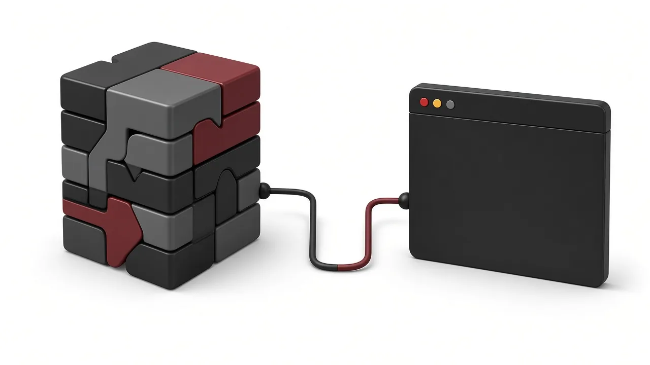 Cover for “WordPress vs Custom Website Development”: 3D illustration of stacked plugin-like tiles beside a minimal browser slab on a white background