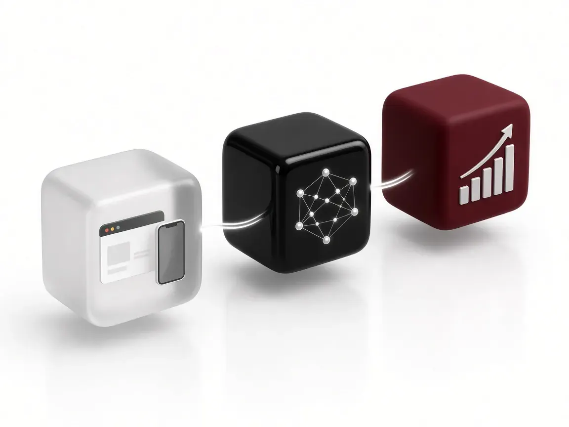 Three connected cubes holding a browser and phone, a workflow network and a growth chart