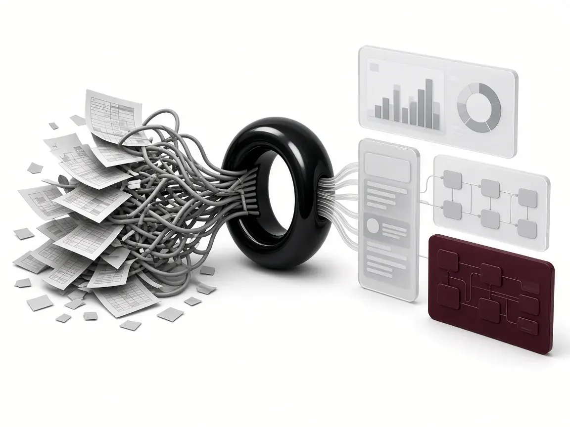 Tangled cables and spreadsheets passing through a ring and coming out as organised app modules