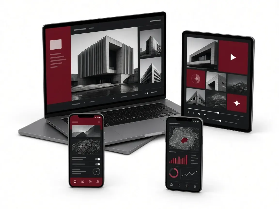 A laptop, tablet and two phones showing different product interfaces