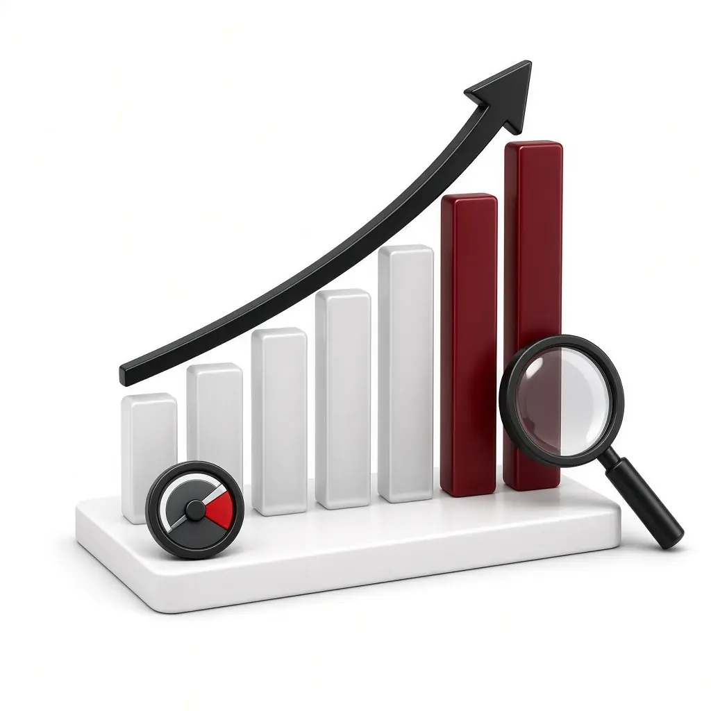 Rising bar chart with an upward arrow, a magnifying glass and a speed gauge