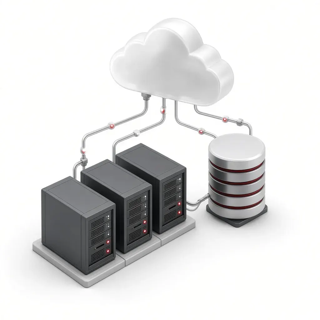 Server racks and a database connected by cables to a cloud