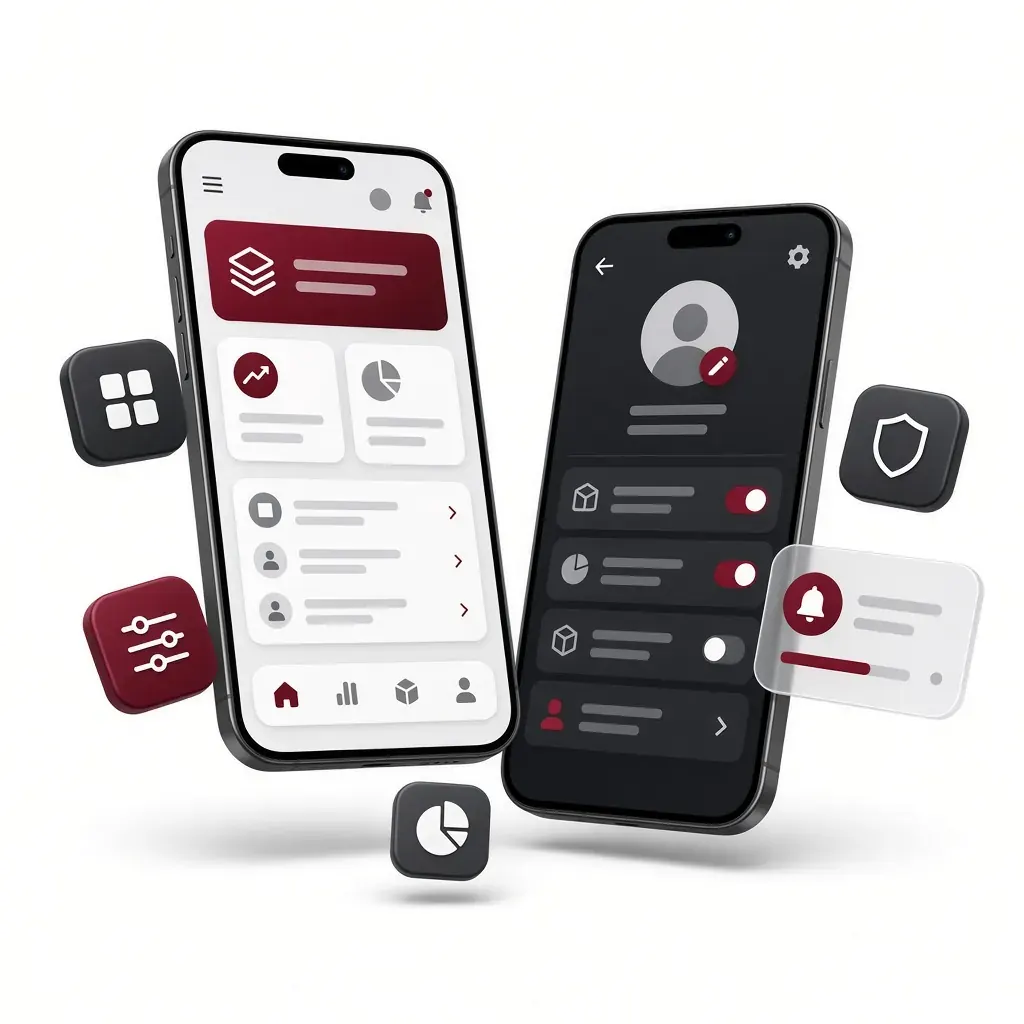 Two smartphones showing an app home screen and a settings screen with floating app icons