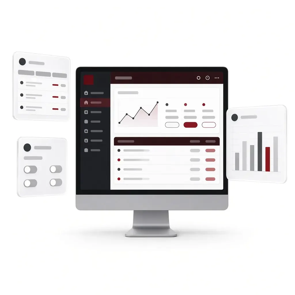 A desktop monitor showing a business dashboard with floating table, toggle and chart cards